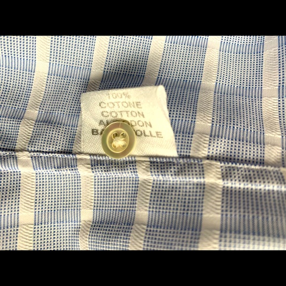 Blue & white check pattern button up cotton dress shirt white collar French cuff - Picture 13 of 16